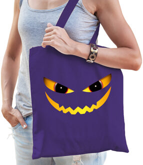 Bellatio Decorations halloween tas/shopper - paars - katoen - 42 x 38 cm - duivel gezicht - Verkleedtassen