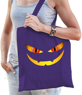 Bellatio Decorations halloween tas/shopper - paars - katoen - 42 x 38 cm - monster gezicht - Verkleedtassen