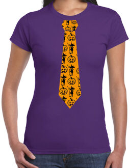 Bellatio Decorations Halloween/thema verkleed feest stropdas t-shirt heks en pompoen voor dames - paars XS - Feestshirts