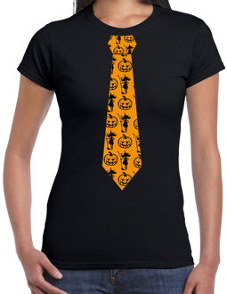 Bellatio Decorations Halloween/thema verkleed feest stropdas t-shirt heks en pompoen voor dames - zwart L - Feestshirts