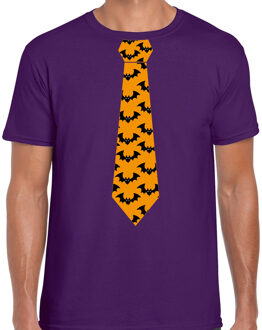 Bellatio Decorations Halloween thema verkleed feest stropdas t-shirt vleermuizen paars heren M - Feestshirts