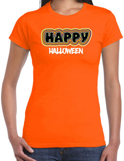 Bellatio Decorations Halloween verkleed t-shirt dames - Happy Halloween - oranje - themafeest outfit 2XL - Feestshirts