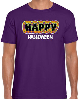 Bellatio Decorations Halloween verkleed t-shirt heren - Happy Halloween - paars - themafeest outfit 2XL - Feestshirts