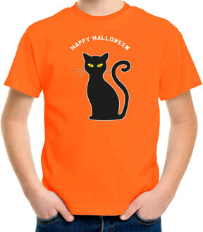 Bellatio Decorations Halloween verkleed t-shirt voor kinderen - zwarte kat - oranje - themafeest outfit S (110-116)