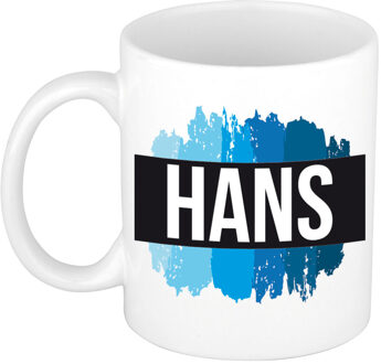 Bellatio Decorations Hans naam cadeau koffie mok - beker - met blauw verfstrepen - Cadeau collega - vaderdag