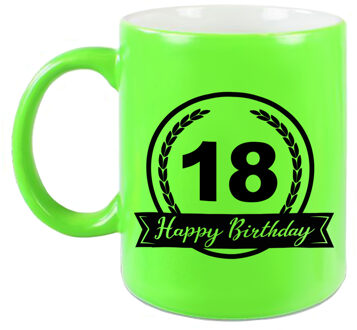 Bellatio Decorations Happy Birthday 18 years cadeau mok / beker neon groen met wimpel 330 ml