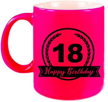 Bellatio Decorations Happy Birthday 18 years cadeau mok / beker neon roze met wimpel 330 ml