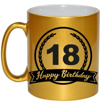 Bellatio Decorations Happy Birthday 18 years gouden cadeau mok / beker met wimpel 330 ml - feest mokken Goudkleurig