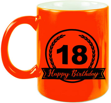 Bellatio Decorations Happy Birthday 18 years met wimpel cadeau mok / beker neon oranje 330 ml - verjaardagscadeau - feest mokken