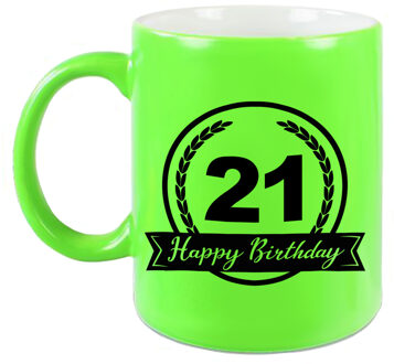 Bellatio Decorations Happy Birthday 21 years cadeau mok / beker neon groen met wimpel 330 ml