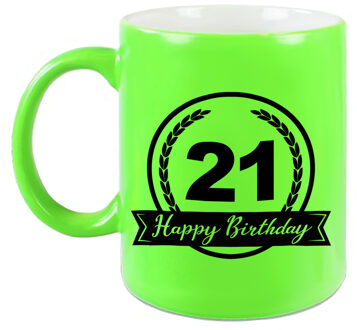 Bellatio Decorations Happy Birthday 21 years met wimpel cadeau mok / beker neon groen 330 ml - verjaardagscadeau - feest mokken