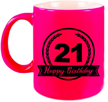 Bellatio Decorations Happy Birthday 21 years met wimpel cadeau mok / beker neon roze 330 ml - verjaardagscadeau - feest mokken