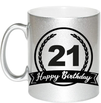 Bellatio Decorations Happy Birthday 21 years zilveren cadeau mok / beker met wimpel 330 ml - feest mokken Zilverkleurig