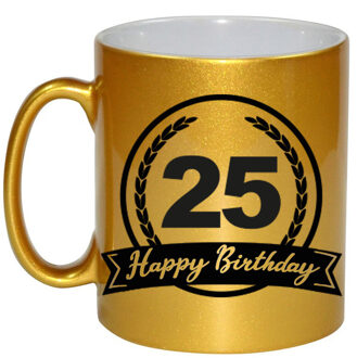 Bellatio Decorations Happy Birthday 25 years gouden cadeau mok / beker met wimpel 330 ml - feest mokken Goudkleurig