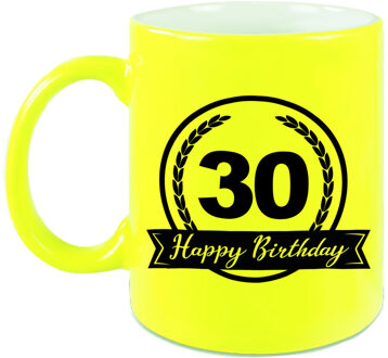 Bellatio Decorations Happy Birthday 30 years cadeau mok / beker neon geel met wimpel 330 ml