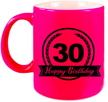 Bellatio Decorations Happy Birthday 30 years cadeau mok / beker neon roze met wimpel 330 ml