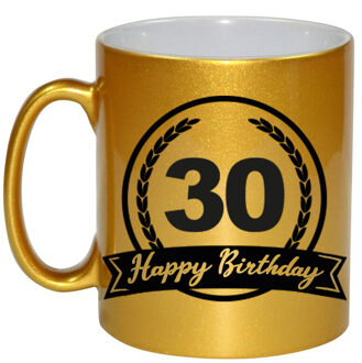 Bellatio Decorations Happy Birthday 30 years gouden cadeau mok / beker met wimpel 330 ml - feest mokken Goudkleurig