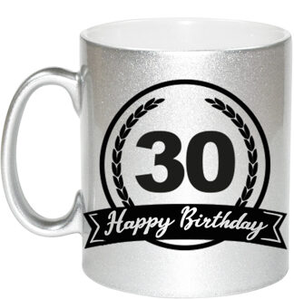 Bellatio Decorations Happy Birthday 30 years zilveren cadeau mok / beker met wimpel 330 ml - feest mokken Zilverkleurig