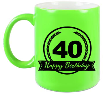 Bellatio Decorations Happy Birthday 40 years cadeau mok / beker neon groen met wimpel 330 ml