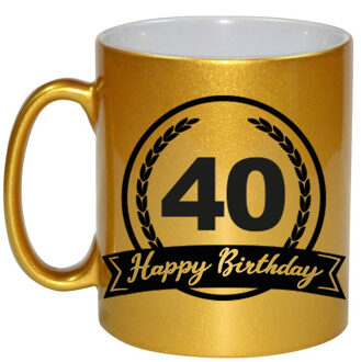 Bellatio Decorations Happy Birthday 40 years gouden cadeau mok / beker met wimpel 330 ml - feest mokken Goudkleurig