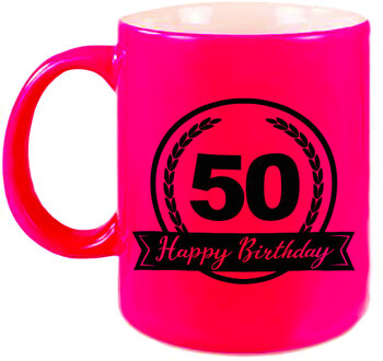 Bellatio Decorations Happy Birthday 50 years met wimpel cadeau mok / beker neon roze 330 ml - Abraham / Sarah - feest mokken