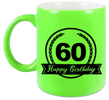 Bellatio Decorations Happy Birthday 60 years cadeau mok / beker neon groen met wimpel 330 ml
