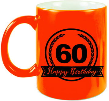 Bellatio Decorations Happy Birthday 60 years cadeau mok / beker neon oranje met wimpel 330 ml