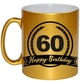 Bellatio Decorations Happy Birthday 60 years met wimpel cadeau koffiemok / theebeker goud 330 ml - feest mokken Goudkleurig