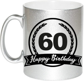 Bellatio Decorations Happy Birthday 60 years zilveren cadeau mok / beker met wimpel 330 ml - feest mokken Zilverkleurig