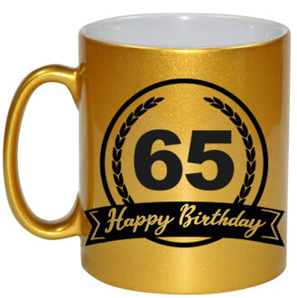 Bellatio Decorations Happy Birthday 65 years gouden cadeau mok / beker met wimpel 330 ml - feest mokken Goudkleurig