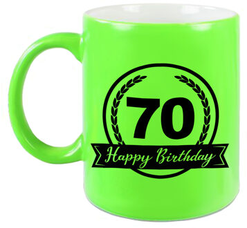 Bellatio Decorations Happy Birthday 70 years cadeau mok / beker neon groen met wimpel 330 ml