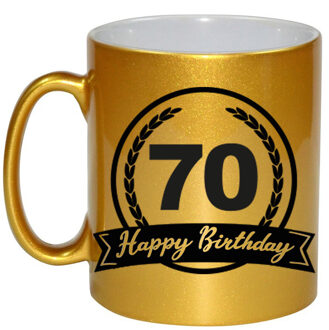 Bellatio Decorations Happy Birthday 70 years gouden cadeau mok / beker met wimpel 330 ml - feest mokken Goudkleurig