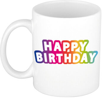 Bellatio Decorations Happy Birthday regenboog verjaardags koffiemok / theebeker 300 ml - feest mokken Wit