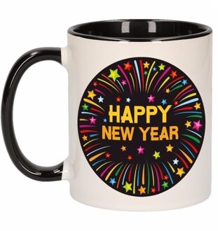 Bellatio Decorations Happy New Year mok - zwart/wit - keramiek - 300 ml - oud en nieuw beker