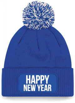 Bellatio Decorations Happy New Year muts met pompon unisex - one size - blauw