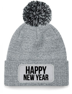 Bellatio Decorations Happy New Year muts met pompon unisex - one size - grijs One size