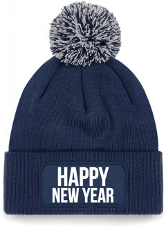 Bellatio Decorations Happy New Year muts met pompon unisex - one size - navy One size