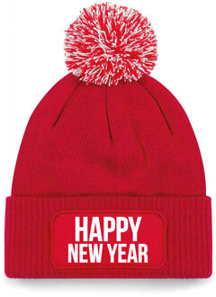 Bellatio Decorations Happy New Year muts met pompon unisex - one size - rood One size