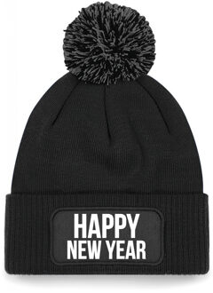 Bellatio Decorations Happy New Year muts met pompon unisex - one size - zwart One size