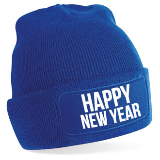 Bellatio Decorations Happy New Year muts unisex - one size - blauw - apres-ski muts One size