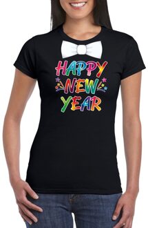 Bellatio Decorations Happy new year t-shirt - met vlinderstrikje - oud en nieuw - dames - zwart - Nieuwjaarsborrel