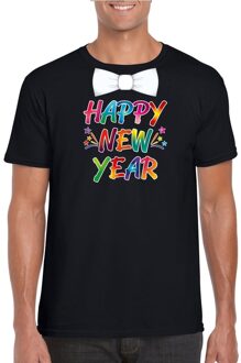 Bellatio Decorations Happy new year t-shirt - met vlinderstrikje - voor oud en nieuw - heren - zwart