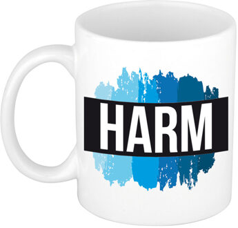Bellatio Decorations Harm naam cadeau koffie mok - beker - met blauw verfstrepen - Cadeau collega - vaderdag