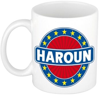 Bellatio Decorations Haroun voornaam koffiemok - beker - wit/blauw - 300 ml - Cadeau - Heren - Collega - Vaderdag Multi