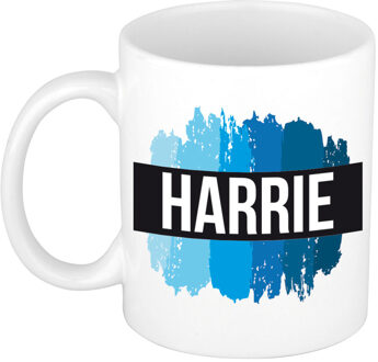 Bellatio Decorations Harrie naam cadeau koffie mok - beker - met blauw verfstrepen - Cadeau collega - vaderdag