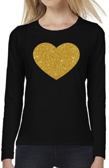 Bellatio Decorations Hart van goud glitter t-shirt long sleeve zwart voor dames 2XL