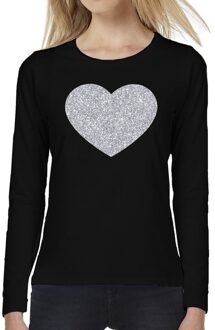 Bellatio Decorations Hart van zilver glitter t-shirt long sleeve zwart voor dames 2XL