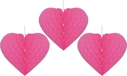 Bellatio Decorations Hartje versiering - 3x - fuchsia roze - papier - 15 x 18 cm - hangdecoratie - Hart