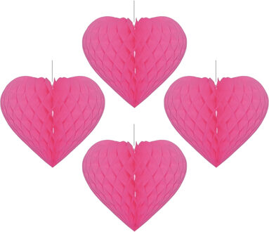 Bellatio Decorations Hartje versiering - 4x - fuchsia roze - papier - 15 x 18 cm - hangdecoratie - Hart