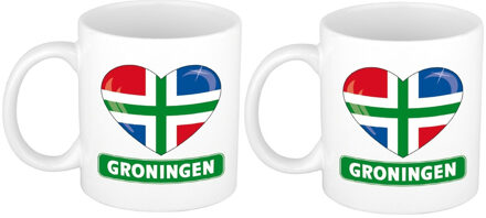 Bellatio Decorations Hartje vlag Groningen mok / beker - 2x - wit - 300 ml
